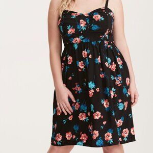 Torrid Sleeveless Black Mini Sun Dress with Pink and Teal Floral Print 2X